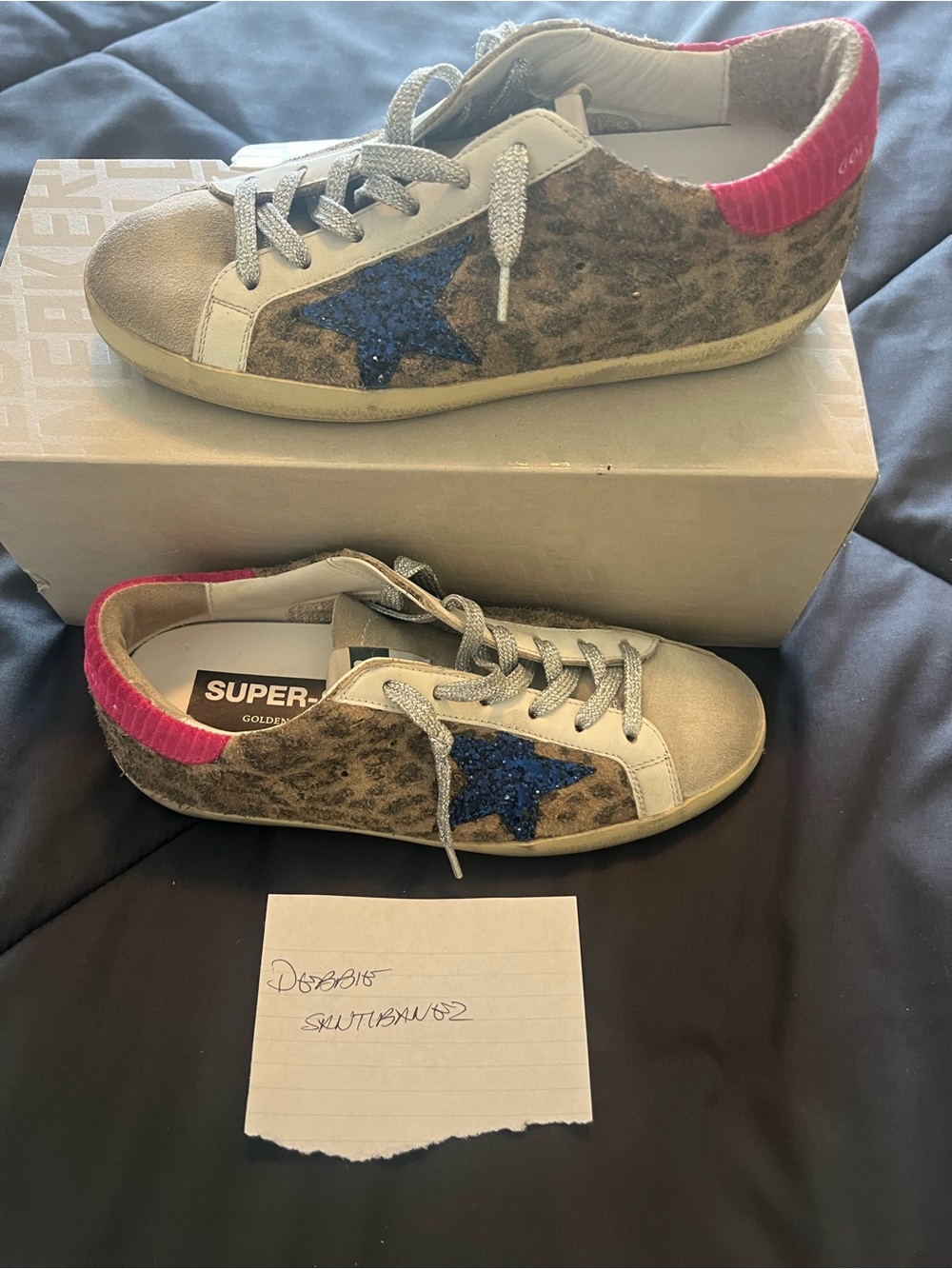 Golden Goose Leopard Print Sneakers with Blue Star and Pink Heel